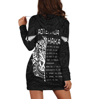 Black hoodie dress back with large white Haka graphic and text, pullover hood