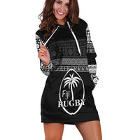 Front view black hoodie dress with white patterned yoke and large Fiji Rugby logo