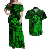 Green off-shoulder maxi dress with Polynesian-style print; matching short-sleeve shirt