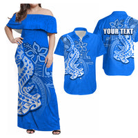 Blue off-shoulder maxi dress with ruffle sleeves and tribal hammerhead print