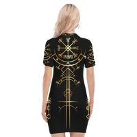 Black polo dress back with gold rune and compass-style emblem, fitted short dress