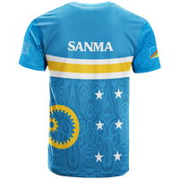 Blue T-shirt back view with SANMA text, yellow-white band, and star pattern