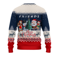 Back of festive knit sweatshirt with FRIENDS text and Merry Christmas scene
