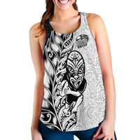 Women’s rugby tank top front, white with Maori-style face and All Blacks emblem