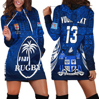 (Custom Text and Number ) Fiji Rugby Hoodie Dress Flying Fijians Blue Tapa Pattern LT13 - Wonder Print Shop
