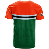 Back view Penama flag-style T-shirt, orange-red top and green patterned panel