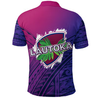 Back view rugby polo with Lautoka crest and purple/dark blue geometric tribal pattern