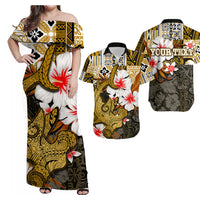 Off-shoulder Hawaiian maxi dress with gold, black and white floral & tribal print