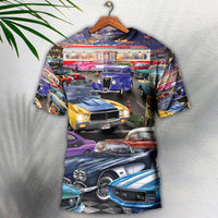 Classic car collage T-shirt with colorful vintage cars, short sleeves.