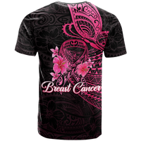 Black T-shirt with pink Polynesian butterfly, floral accents, and Breast Cancer text