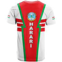Back of red Ethiopia Harari T-shirt with green lightning stripes and HARARI I print