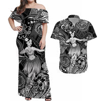 Black off-shoulder maxi dress with Polynesian hula dancer graphic, short flutter sleeves