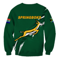 Green crewneck sweatshirt with SPRINGBOKS text and large kangaroo logo on the back