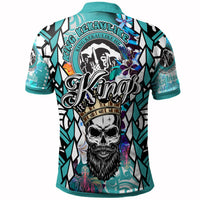 Teal polo shirt back print with crest and tribal skull, black geometric pattern