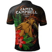 Dark polo shirt with orange accents, back tropical tribal pattern with rooster and flowers