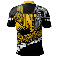 Back view black polo shirt with yellow trim and large Polynesian tribal pattern