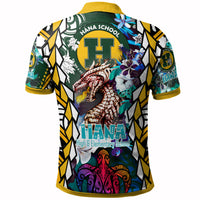 Green polo with yellow collar, back 'Hana School' dragon floral graphic
