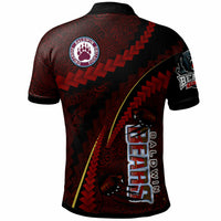 Back view red and black polynesian polo with paw badge, 'Baldwin' text, tribal print