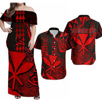 Matching Hawaiian maxi dress with off-shoulder design; red and black tribal print set