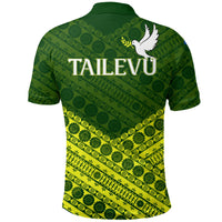 Green rugby polo shirt back with Tailevu text and tapa pattern; short sleeves, collar