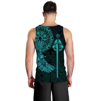 Men’s black sleeveless tank top with turquoise Viking raven and sword graphic on back