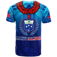 Blue graphic Legend T-shirt back with laurel crest, red wreath and flag patches