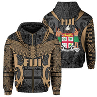 Fiji zip hoodie with black base and gold/tan tribal-style pattern, full front zipper