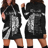 Black hoodie dress with white drawstrings and front Haka graphic print, pullover