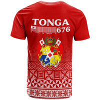Red Tonga 676 T-shirt back shows crest over tribal pattern