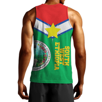 Green men’s tank top back print with yellow star and Southwest Ethiopia lettering plus globe