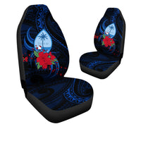 Pair of blue Polynesian flower car seat covers, Guam crest on headrests