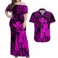 Off-shoulder maxi dress with pink Polynesian-style print, front view