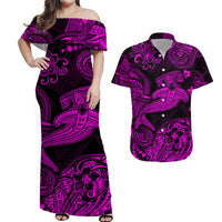 Off-shoulder maxi Hawaiian dress and matching button-up shirt, neon pink-purple pattern
