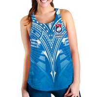 Blue rugby tank top with V-neck, white patterns, and Samoa emblem at chest