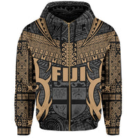 Fiji zip hoodie front view, black with gold/tan graphic pattern and hood, full zipper