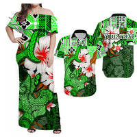 Green off-shoulder hawaiian dress with white/red hibiscus flowers and black hammerhead shark print