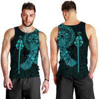 Men’s black sleeveless tank top with turquoise Viking raven and sword front graphic