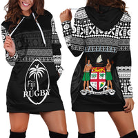 Black Fiji rugby hoodie dress with white patterned sleeves and front kangaroo pocket