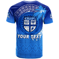 Blue T-shirt with back crest and palm tree, large YOUR TEXT graphic