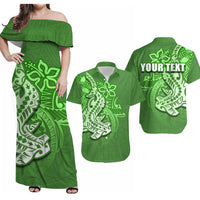 Green off-shoulder maxi dress with hammerhead shark Polynesian pattern