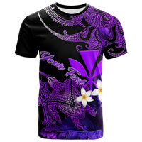 Black T-shirt with purple Hawaii turtle, plumeria flowers, and tribal pattern graphic
