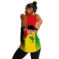 Red racerback tank top with Benishangul-Gumuz text and colorful map print on back