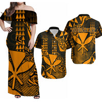 Off-shoulder Hawaiian maxi dress, black and amber geometric print