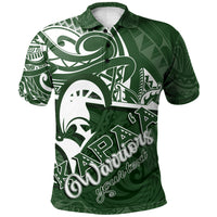 Green polo shirt with Polynesian tribal graphic, white bird and tiki text