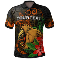Dark polo shirt with orange accents, front tropical tribal print with custom text
