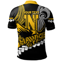 Black polo shirt back with yellow accents, tribal graphic, and placeholder text “YOUR TEXT”