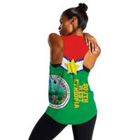 Green women's tank top back view with red collar, vertical yellow text and star