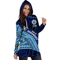 Blue hoodie dress with drawstring hood, front logo patch and Independence text