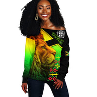 Jamaica Lion Off Shoulder Sweater Jamaican Pattern Version Reggae Colors LT13 - Wonder Print Shop