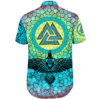 viking-shorts-sleeve-shirts-raven-of-odin-and-drakkar-on-fire-on-vignette-cyan-valknut